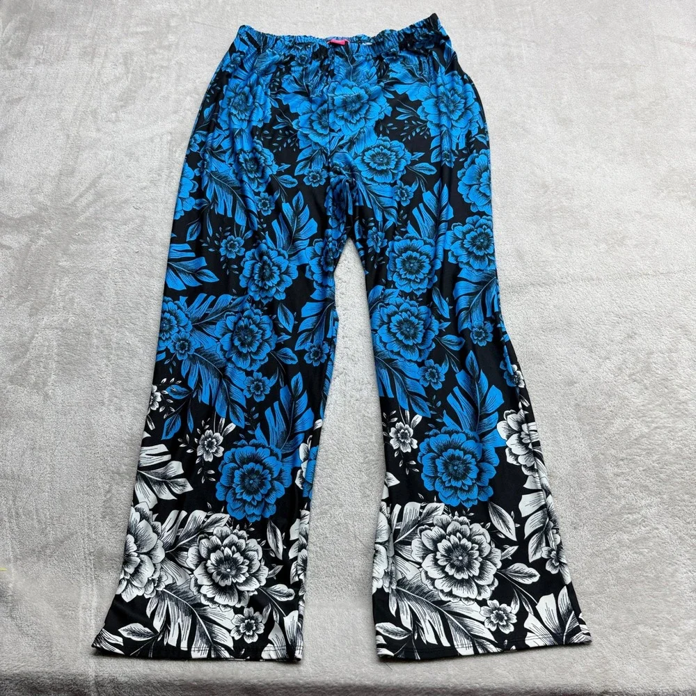 Sunny Leigh Floral Lounge Pants Womens 2X Blue Black Wide Leg Elastic Waist Boho